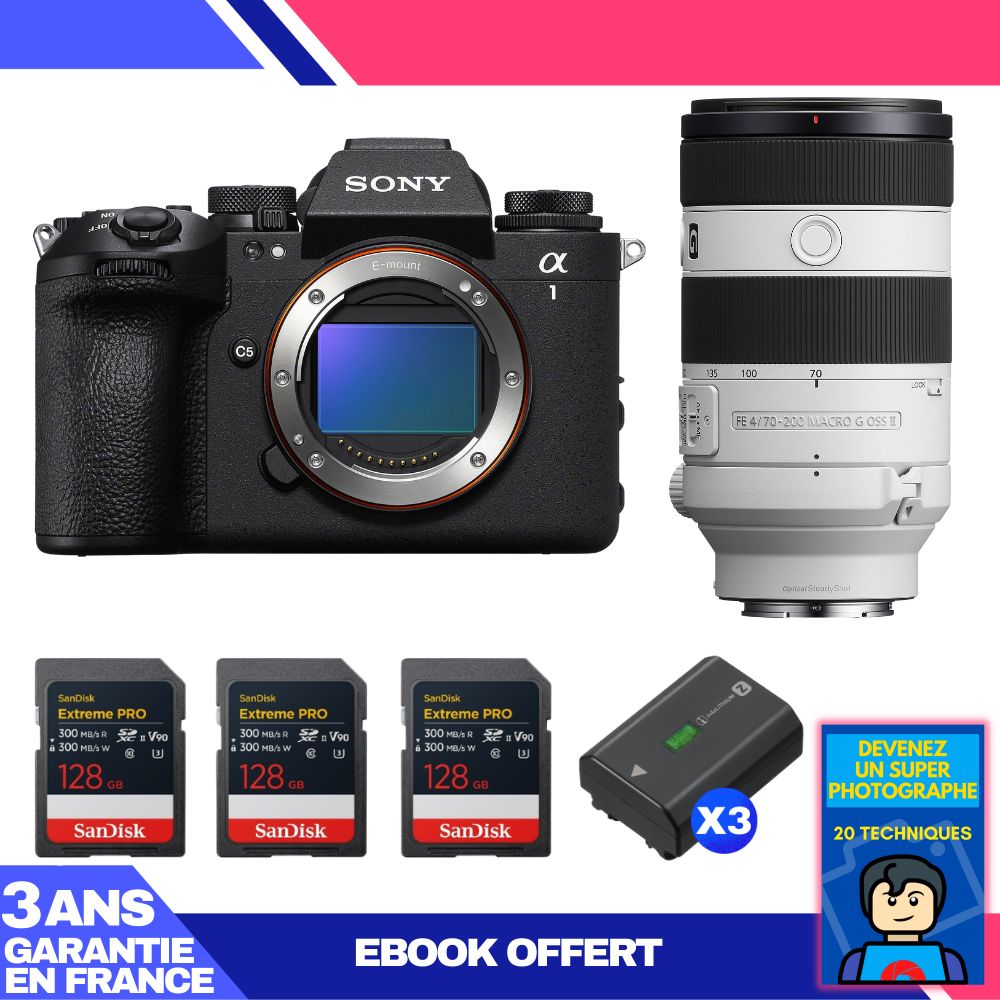 Sony Alpha 1 II Camera Body + FE 70-200mm f/4 Macro G OSS II Lens + 3 SanDisk 128GB Extreme PRO UHS-II SDXC Cards + 3 Sony NP-FZ100 Batteries + Ebook 'Become a Super Photographer'