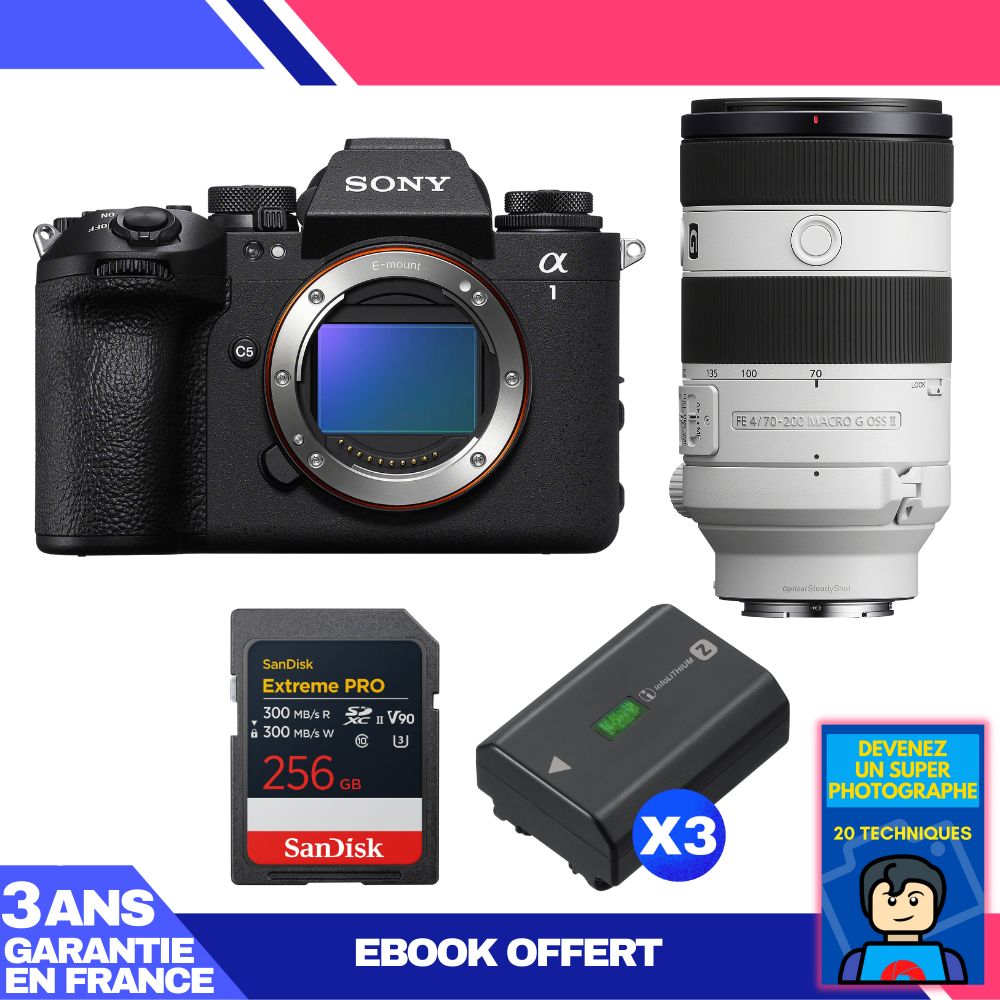 Sony Alpha 1 II Camera Body + FE 70-200mm f/4 Macro G OSS II Lens + 1 SanDisk 256GB Extreme PRO UHS-II SDXC Card + 3 Sony NP-FZ100 Batteries + Ebook 'Become a Super Photographer'