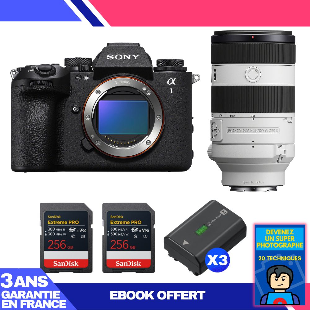 Sony Alpha 1 II Camera Body + FE 70-200mm f/4 Macro G OSS II Lens + 2 SanDisk 256GB Extreme PRO UHS-II SDXC Cards + 3 Sony NP-FZ100 Batteries + 'Devenez Un Super Photographe Ebook