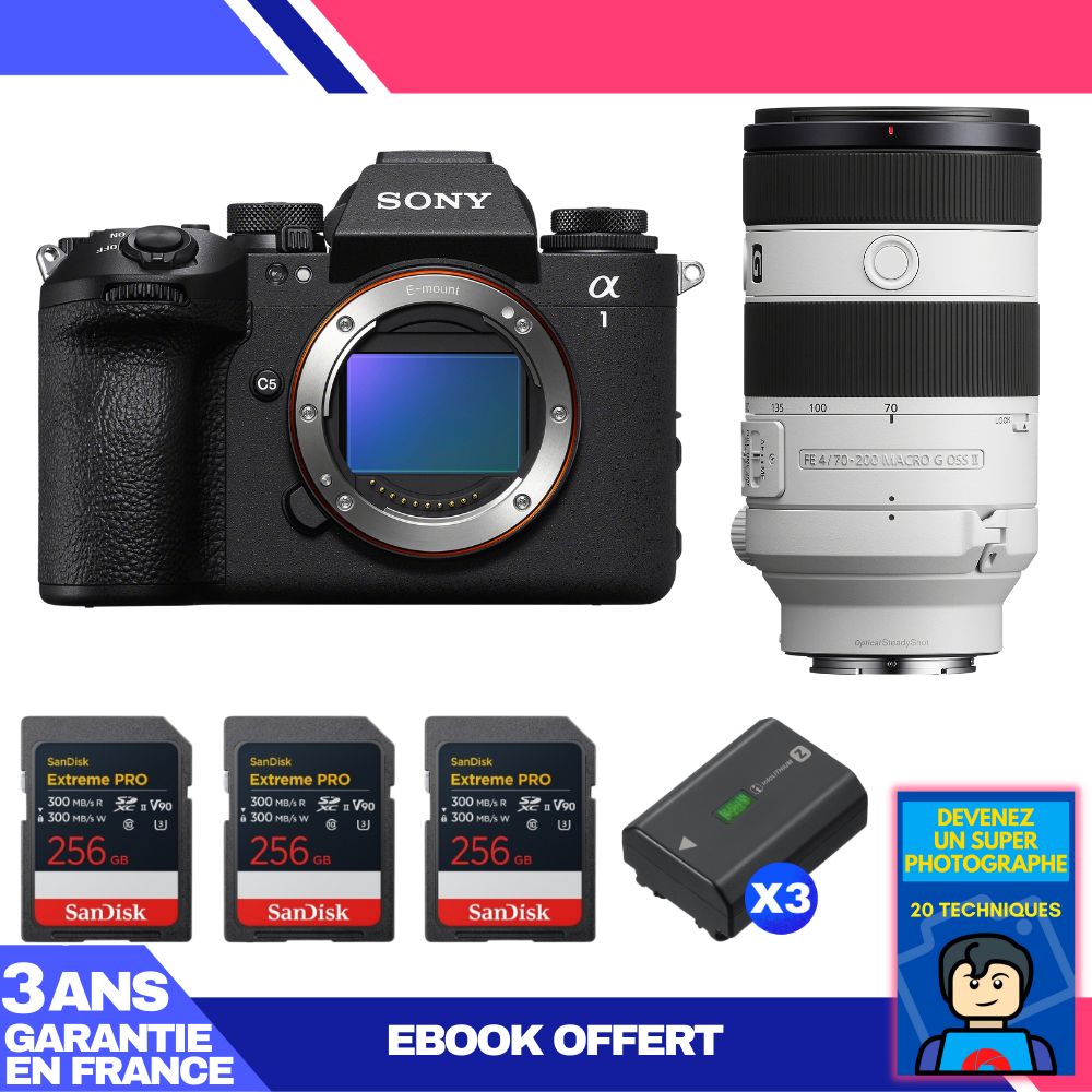 Sony Alpha 1 II Body + FE 70-200mm f/4 Macro G OSS II Lens + 3 SanDisk 256GB Extreme PRO UHS-II SDXC Cards + 3 Sony NP-FZ100 Batteries + Ebook 'Devenez Un Super Photographe