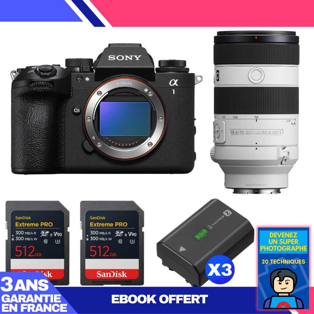 Sony Alpha 1 II Camera Body + FE 70-200mm f/4 Macro G OSS II Lens + 2 SanDisk 512GB Extreme PRO UHS-II SDXC Cards + 3 Sony NP-FZ100 Batteries + Ebook 'Become a Super Photographer'