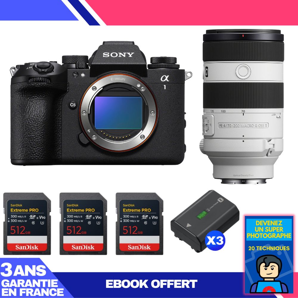 Sony Alpha 1 II Body + FE 70-200mm f/4 Macro G OSS II Lens + 3 SanDisk 512GB Extreme PRO UHS-II SDXC Cards + 3 Sony NP-FZ100 Batteries + Ebook 'Become a Super Photographer'