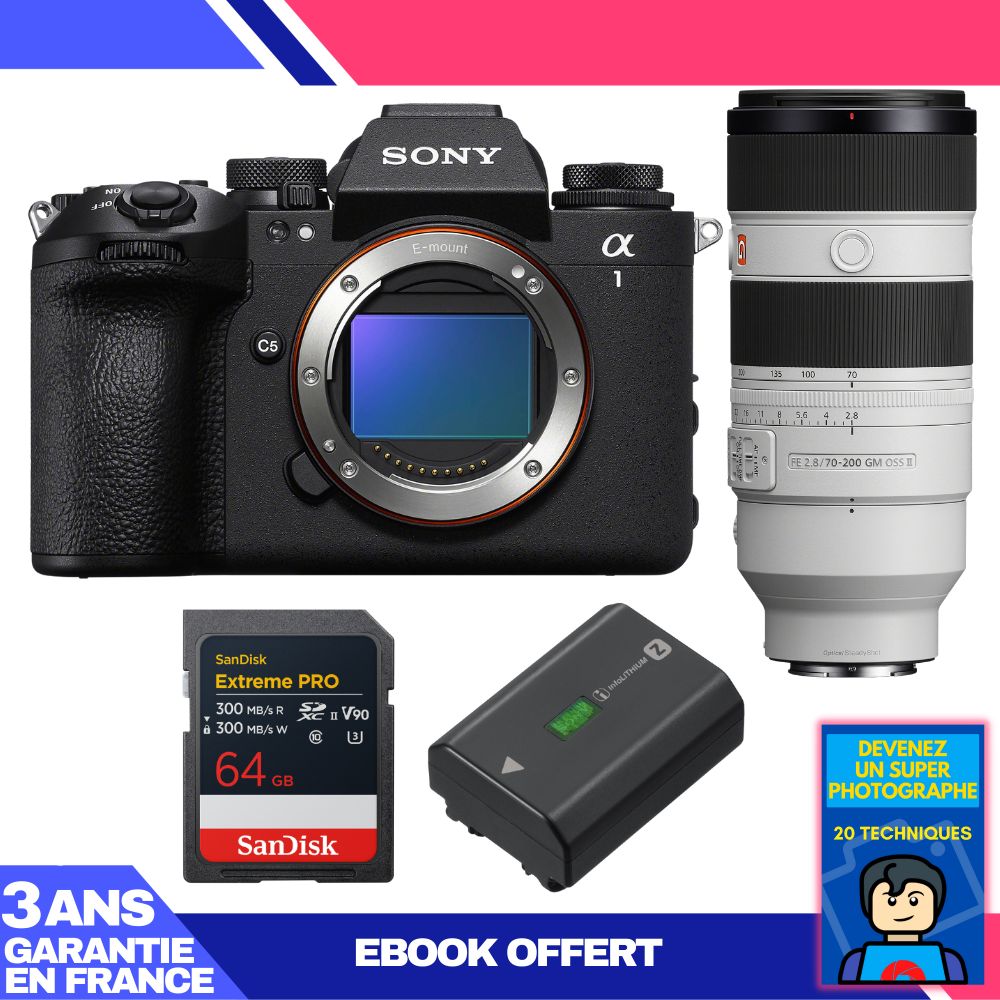 Sony Alpha 1 II Camera Body + FE 70-200mm f/2.8 GM OSS II Lens + 1 SanDisk 64GB Extreme PRO UHS-II SDXC Card + Sony NP-FZ100 Battery + 'Become a Super Photographer Ebook