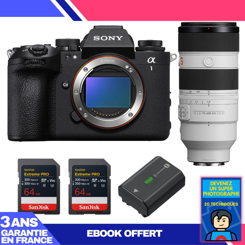 Sony Alpha 1 II Camera Body + FE 70-200mm f/2.8 GM OSS II Lens + 2 SanDisk 64GB Extreme PRO UHS-II SDXC Cards + Sony NP-FZ100 Battery + 'Become a Super Photographer Ebook