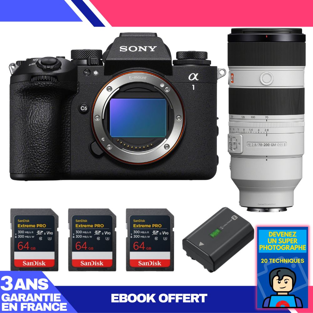 Sony Alpha 1 II Body + FE 70-200mm f/2.8 GM OSS II Lens + 3 SanDisk 64GB Extreme PRO UHS-II SDXC Cards + Sony NP-FZ100 Battery + Ebook 'Become a Super Photographer'