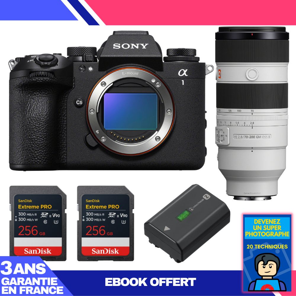 Sony Alpha 1 II Camera Body + FE 70-200mm f/2.8 GM OSS II Lens + 2x SanDisk 256GB Extreme PRO UHS-II SDXC Cards + Sony NP-FZ100 Battery + Ebook 'Become a Super Photographer'