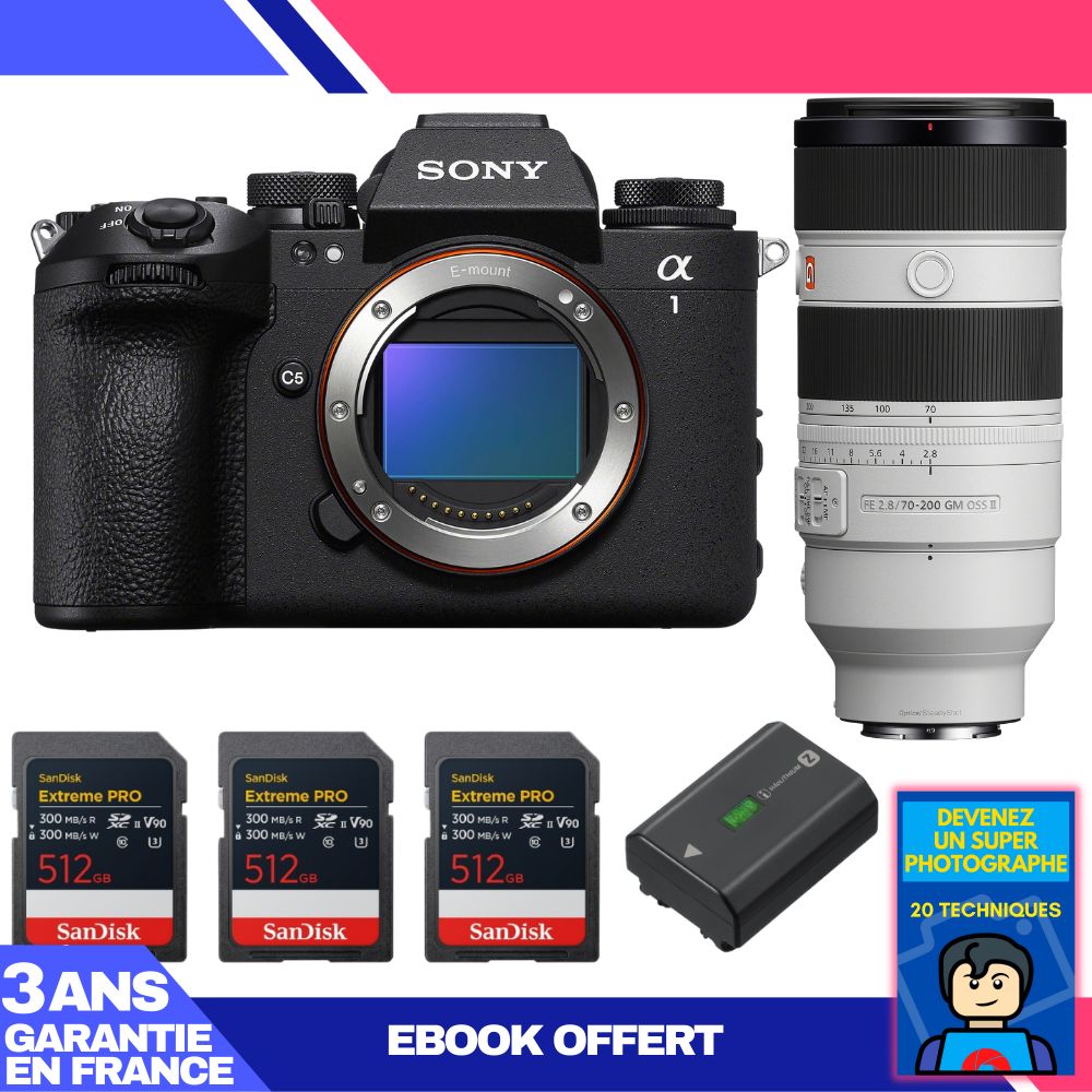 Sony Alpha 1 II Body + FE 70-200mm f/2.8 GM OSS II + 3x 512GB SanDisk Extreme PRO UHS-II SDXC Cards + Sony NP-FZ100 + Ebook 'Devenez Un Super Photographe