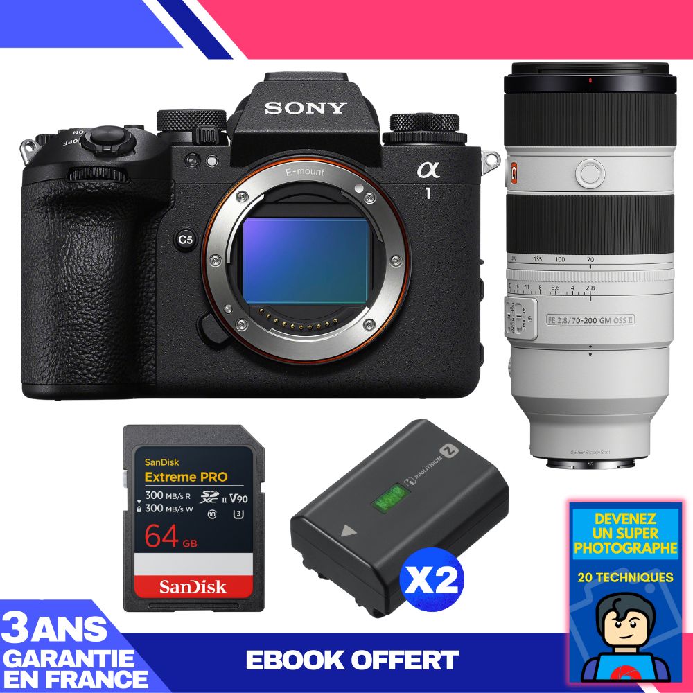 Sony Alpha 1 II Camera Body + FE 70-200mm f/2.8 GM OSS II Lens + 1 SanDisk 64GB Extreme PRO UHS-II SDXC Card + 2 Sony NP-FZ100 Batteries + Ebook 'Devenez Un Super Photographe