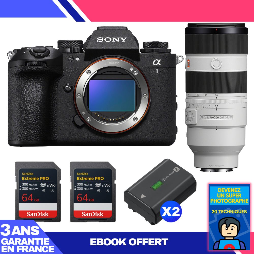 Sony Alpha 1 II Camera Body + FE 70-200mm f/2.8 GM OSS II Lens + 2 SanDisk 64GB Extreme PRO UHS-II SDXC Cards + 2 Sony NP-FZ100 Batteries + Ebook 'Devenez Un Super Photographe