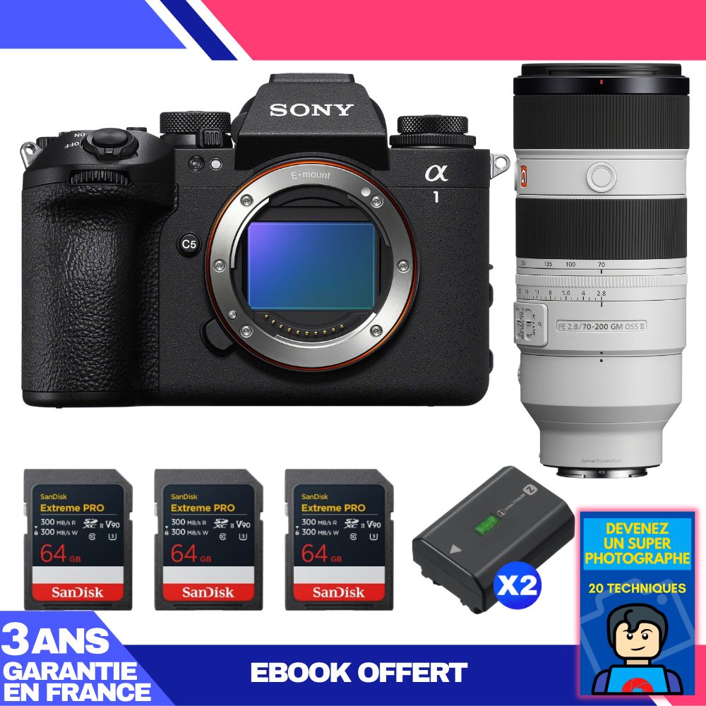 Sony Alpha 1 II Camera Body + FE 70-200mm f/2.8 GM OSS II Lens + 3 SanDisk 64GB Extreme PRO UHS-II SDXC Cards + 2 Sony NP-FZ100 Batteries + 'Become a Super Photographer' Ebook
