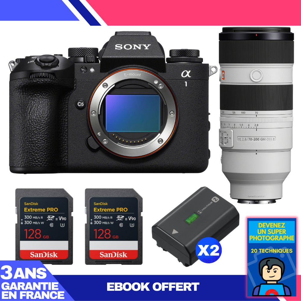 Sony Alpha 1 II Body + FE 70-200mm f/2.8 GM OSS II Lens + 2 SanDisk 128GB Extreme PRO UHS-II SDXC Cards + 2 Sony NP-FZ100 Batteries + Ebook 'Devenez Un Super Photographe
