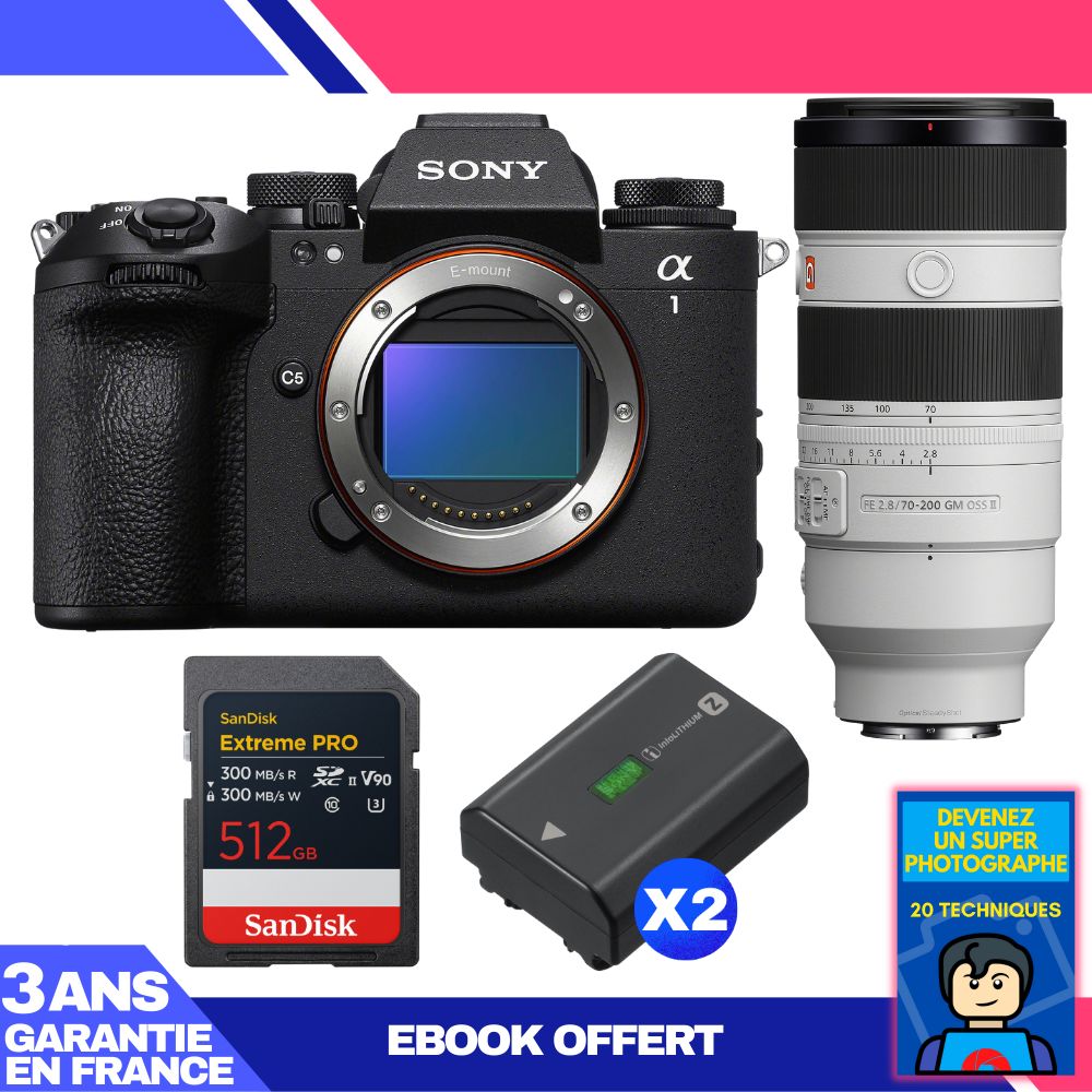 Sony Alpha 1 II Camera Body + FE 70-200mm f/2.8 GM OSS II Lens + 1 SanDisk 512GB Extreme PRO UHS-II SDXC Card + 2 Sony NP-FZ100 Batteries + Ebook 'Become a Super Photographer'