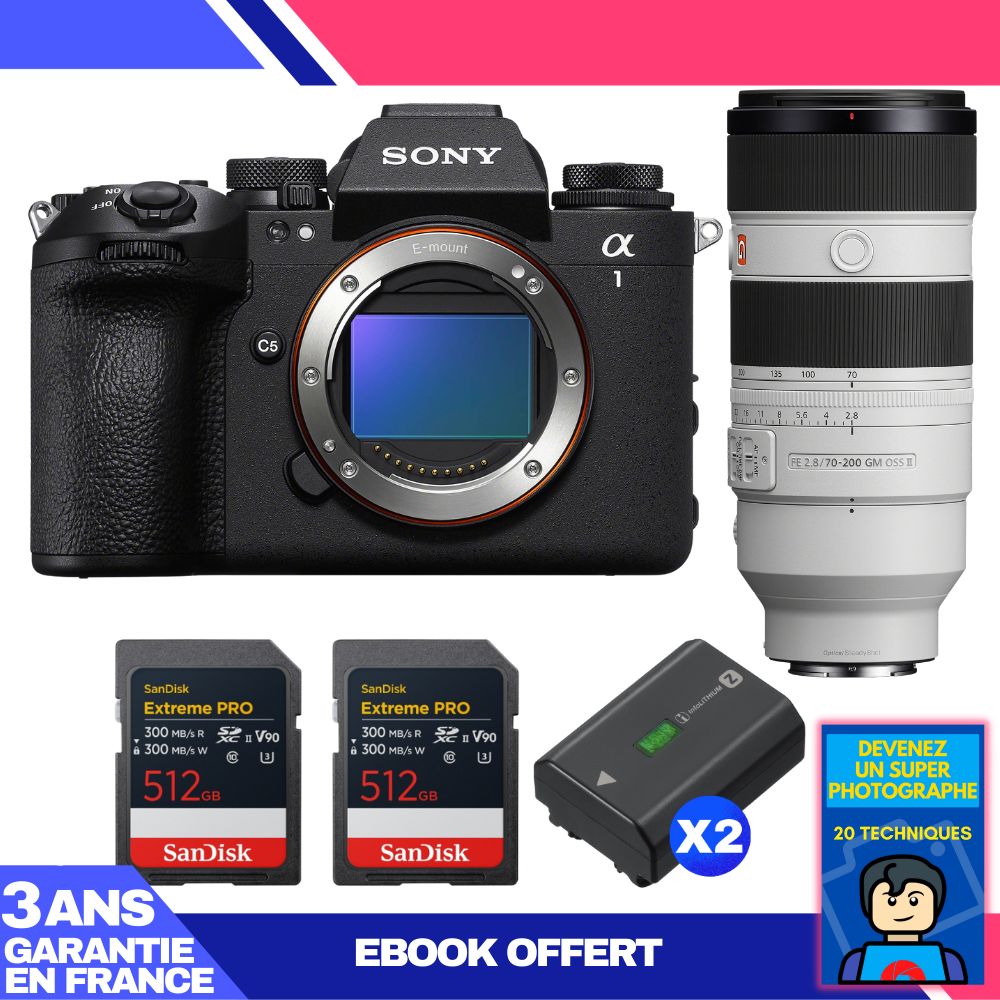 Sony Alpha 1 II Body + FE 70-200mm f/2.8 GM OSS II Lens + 2x SanDisk 512GB Extreme PRO UHS-II SDXC Cards + 2x Sony NP-FZ100 Batteries + Ebook 'Devenez Un Super Photographe