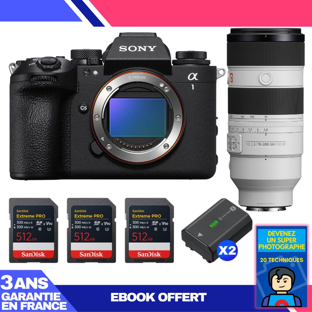Sony Alpha 1 II Camera Body + FE 70-200mm f/2.8 GM OSS II Lens + 3 SanDisk 512GB Extreme PRO UHS-II SDXC Cards + 2 Sony NP-FZ100 Batteries + Ebook 'Devenez Un Super Photographe