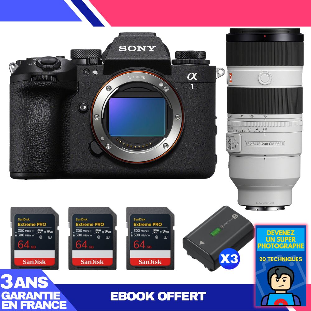 Sony Alpha 1 II Camera Body + FE 70-200mm f/2.8 GM OSS II Lens + 3 SanDisk 64GB Extreme PRO UHS-II SDXC Cards + 3 Sony NP-FZ100 Batteries + 'Become a Super Photographer' Ebook