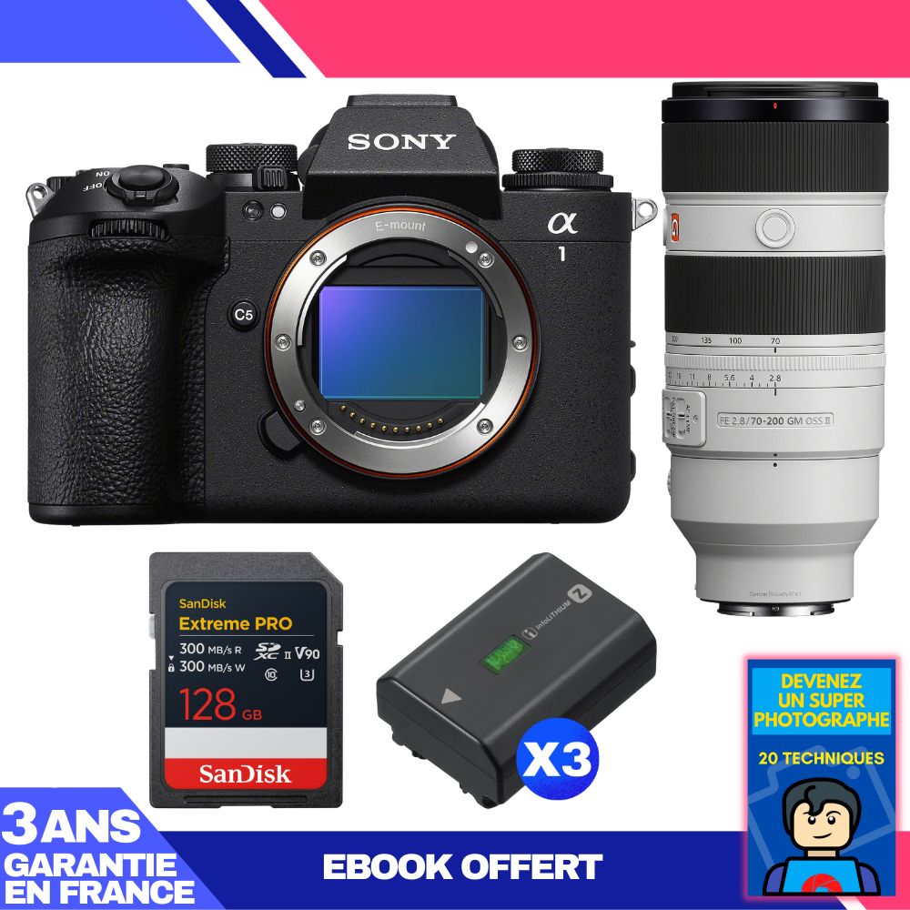 Sony Alpha 1 II Camera Body + FE 70-200mm f/2.8 GM OSS II Lens + 1 SanDisk 128GB Extreme PRO UHS-II SDXC Card + 3 Sony NP-FZ100 Batteries + 'Become a Super Photographer' Ebook