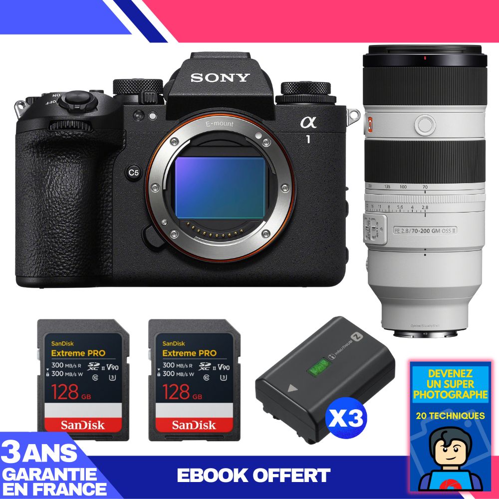 Sony Alpha 1 II Camera Body + FE 70-200mm f/2.8 GM OSS II Lens + 2 SanDisk 128GB Extreme PRO UHS-II SDXC Cards + 3 Sony NP-FZ100 Batteries + Ebook 'Devenez Un Super Photographe