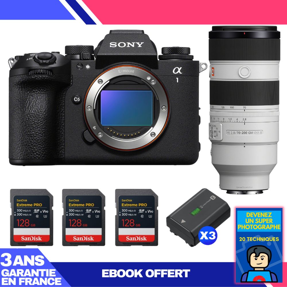 Sony Alpha 1 II Camera Body + FE 70-200mm f/2.8 GM OSS II Lens + 3 SanDisk 128GB Extreme PRO UHS-II SDXC Cards + 3 Sony NP-FZ100 Batteries + Ebook 'Devenez Un Super Photographe
