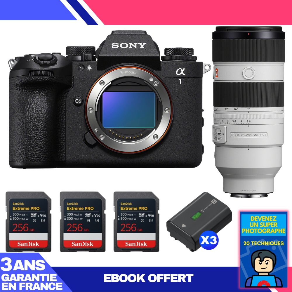 Sony Alpha 1 II Camera Body + FE 70-200mm f/2.8 GM OSS II Lens + 3 SanDisk 256GB Extreme PRO UHS-II SDXC Cards + 3 Sony NP-FZ100 Batteries + Ebook 'Become a Super Photographer'