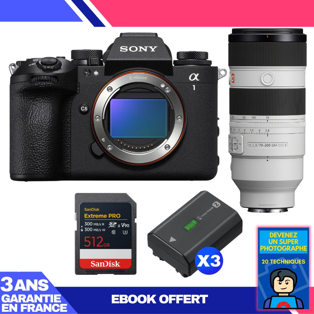 Sony Alpha 1 II Camera Body + FE 70-200mm f/2.8 GM OSS II Lens + 1 SanDisk 512GB Extreme PRO UHS-II SDXC Card + 3 Sony NP-FZ100 Batteries + 'Become a Super Photographer' Ebook