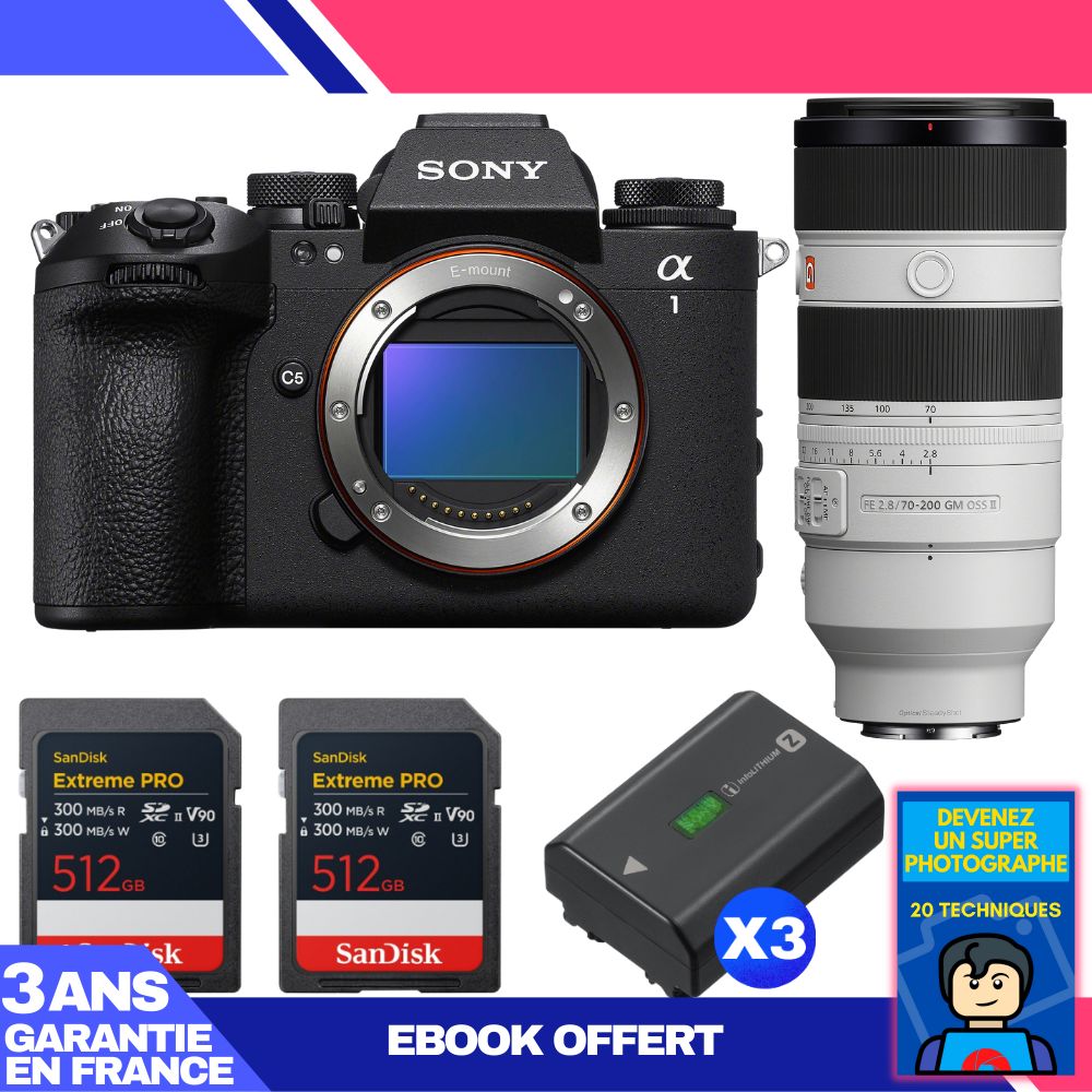 Sony Alpha 1 II Camera Body + FE 70-200mm f/2.8 GM OSS II Lens + 2 SanDisk 512GB Extreme PRO UHS-II SDXC Cards + 3 Sony NP-FZ100 Batteries + 'Become a Super Photographer' Ebook