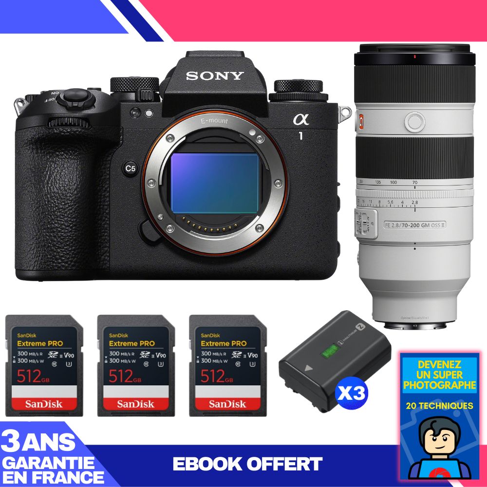 Sony Alpha 1 II Body + FE 70-200mm f/2.8 GM OSS II Lens + 3 SanDisk 512GB Extreme PRO UHS-II SDXC Cards + 3 Sony NP-FZ100 Batteries + Ebook 'Become a Super Photographer'
