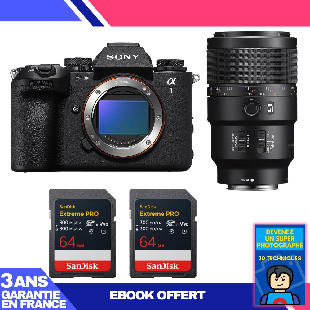 Sony Alpha 1 II Body + FE 90mm f/2.8 Macro G OSS Lens + 2x SanDisk 64GB Extreme PRO UHS-II SDXC + 'Devenez Un Super Photographe Ebook