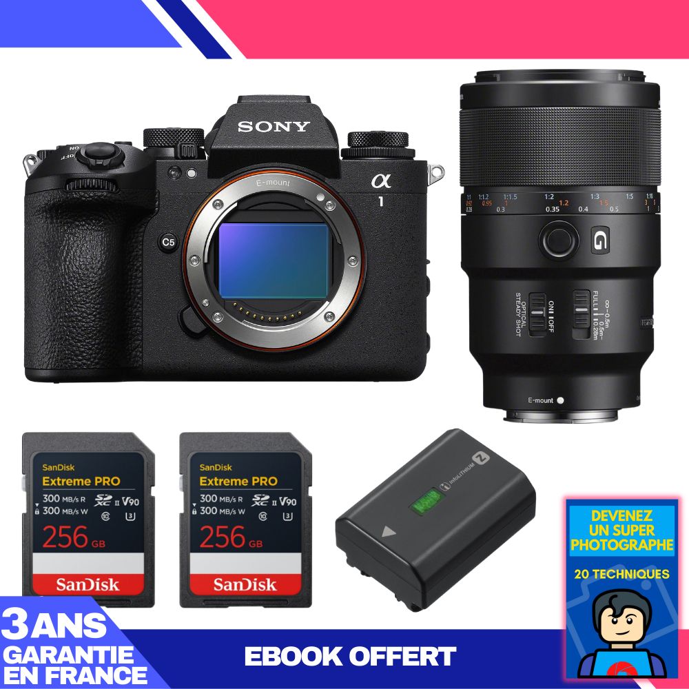 Sony Alpha 1 II Body + FE 90mm f/2.8 Macro G OSS Lens + 2x SanDisk 256GB Extreme PRO UHS-II SDXC Cards + Sony NP-FZ100 Battery + 'Devenez Un Super Photographe Ebook
