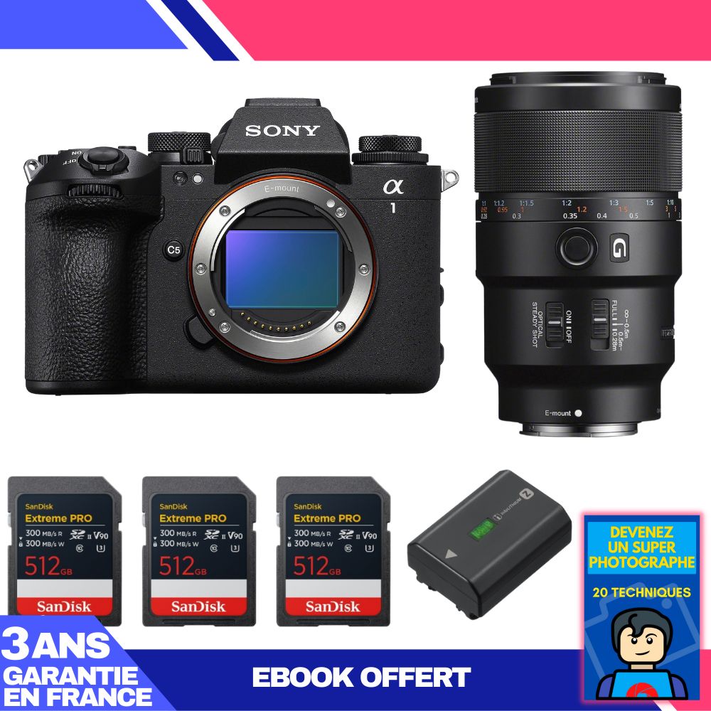 Sony Alpha 1 II Camera Body + FE 90mm f/2.8 Macro G OSS Lens + 3 SanDisk 512GB Extreme PRO UHS-II SDXC Cards + Sony NP-FZ100 Battery + 'Devenez Un Super Photographe Ebook