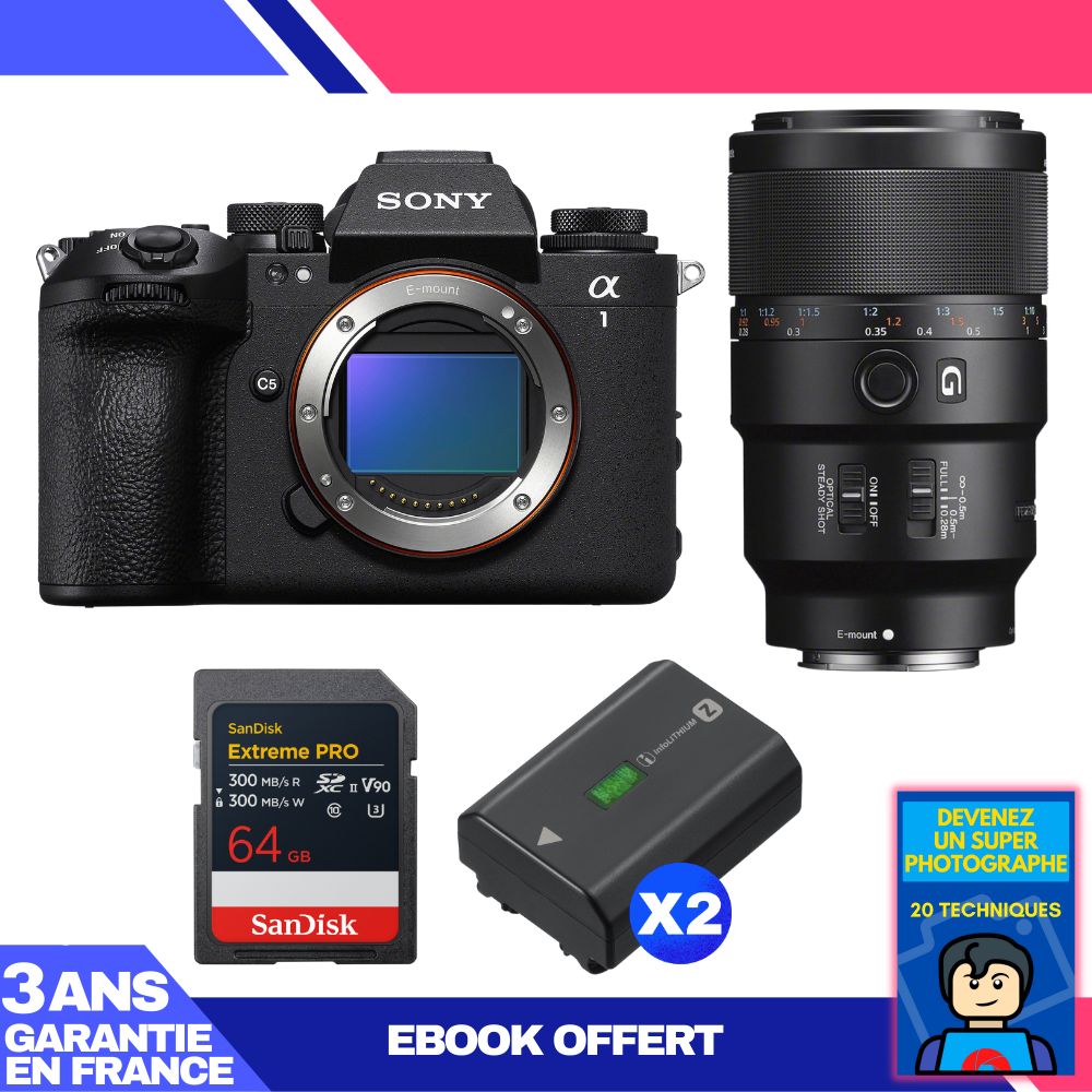 Sony Alpha 1 II Camera Body + FE 90mm f/2.8 Macro G OSS Lens + 1 SanDisk 64GB Extreme PRO UHS-II SDXC Card + 2 Sony NP-FZ100 Batteries + Ebook 'Devenez Un Super Photographe