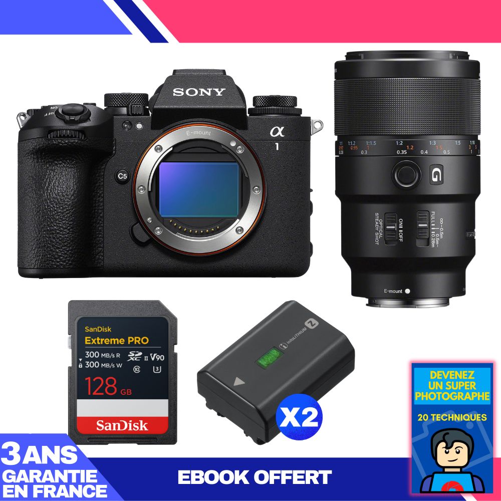 Sony Alpha 1 II Camera Body + FE 90mm f/2.8 Macro G OSS Lens + 1 SanDisk 128GB Extreme PRO UHS-II SDXC Card + 2 Sony NP-FZ100 Batteries + Ebook 'Become a Super Photographer'