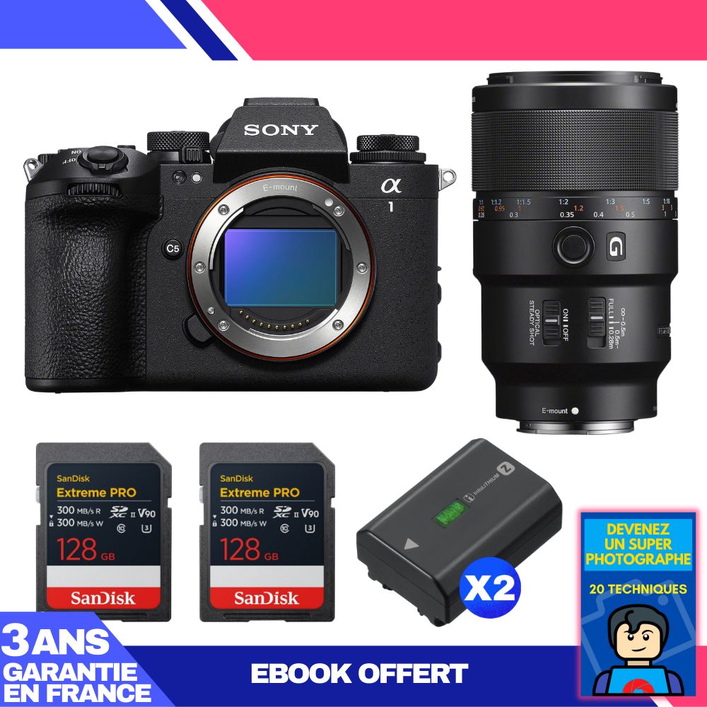 Sony Alpha 1 II Camera Body + FE 90mm f/2.8 Macro G OSS Lens + 2 SanDisk 128GB Extreme PRO UHS-II SDXC Cards + 2 Sony NP-FZ100 Batteries + Ebook 'Devenez Un Super Photographe