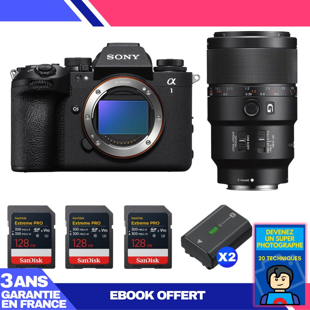 Sony Alpha 1 II Camera Body + FE 90mm f/2.8 Macro G OSS Lens + 3 SanDisk 128GB Extreme PRO UHS-II SDXC Cards + 2 Sony NP-FZ100 Batteries + Ebook 'Become a Super Photographer'