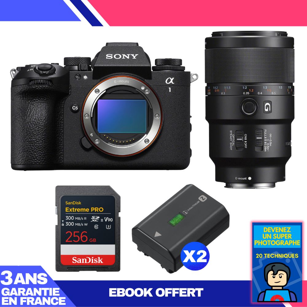 Sony Alpha 1 II Camera Body + FE 90mm f/2.8 Macro G OSS Lens + 1 SanDisk 256GB Extreme PRO UHS-II SDXC + 2 Sony NP-FZ100 Batteries + Ebook 'Devenez Un Super Photographe