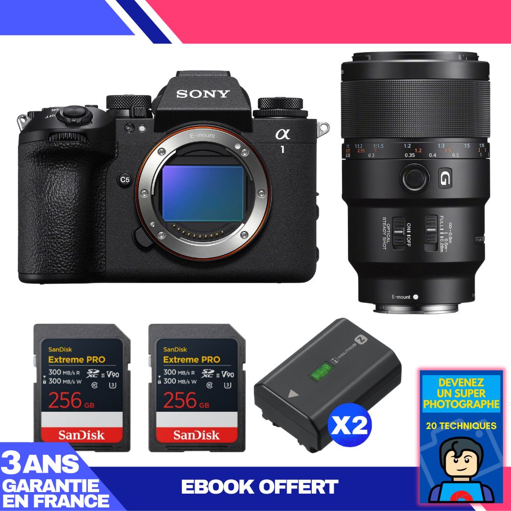 Sony Alpha 1 II Camera Body + FE 90mm f/2.8 Macro G OSS Lens + 2 SanDisk 256GB Extreme PRO UHS-II SDXC Cards + 2 Sony NP-FZ100 Batteries + Ebook 'Devenez Un Super Photographe