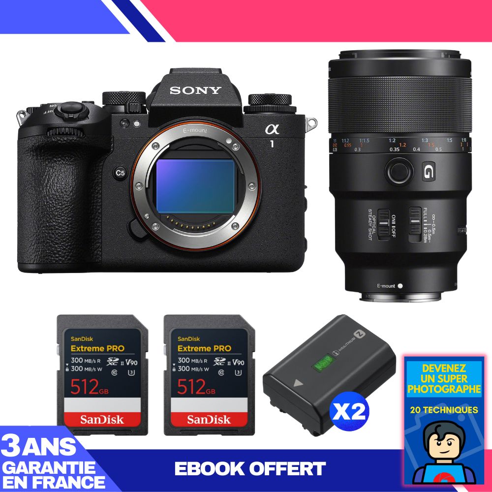 Sony Alpha 1 II Body + FE 90mm f/2.8 Macro G OSS Lens + 2 SanDisk 512GB Extreme PRO UHS-II SDXC Cards + 2 Sony NP-FZ100 Batteries + Ebook 'Devenez Un Super Photographe