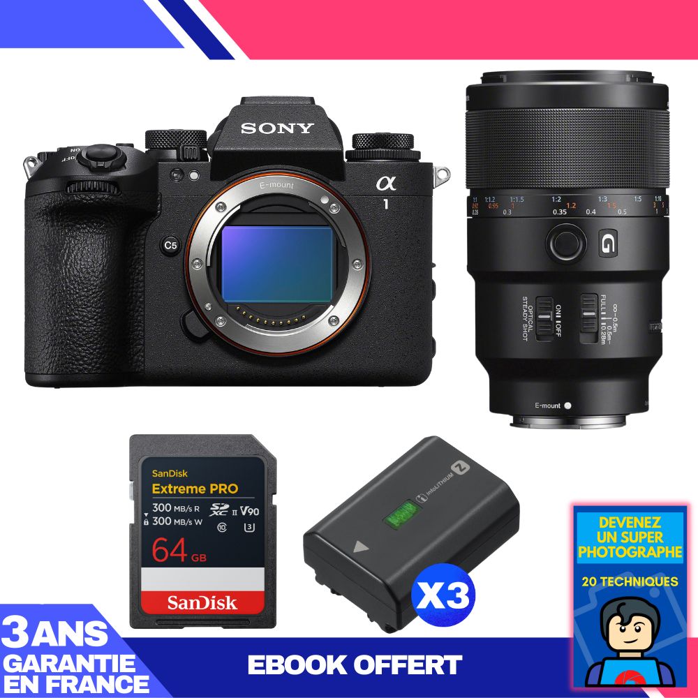 Sony Alpha 1 II Camera Body + FE 90mm f/2.8 Macro G OSS Lens + 1 SanDisk 64GB Extreme PRO UHS-II SDXC Card + 3 Sony NP-FZ100 Batteries + 'Become a Super Photographer' Ebook