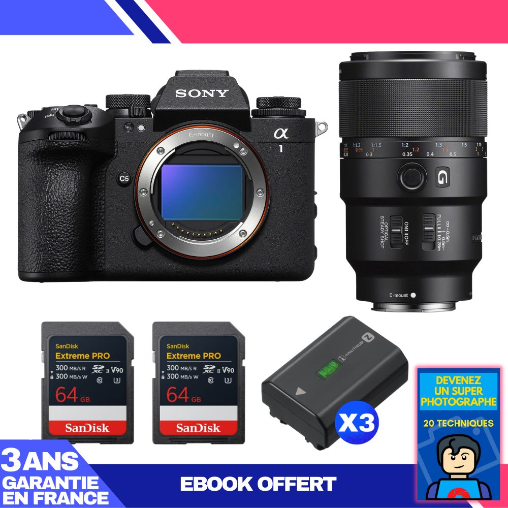 Sony Alpha 1 II Camera Body + FE 90mm f/2.8 Macro G OSS Lens + 2 SanDisk 64GB Extreme PRO UHS-II SDXC Cards + 3 Sony NP-FZ100 Batteries + 'Become a Super Photographer' Ebook