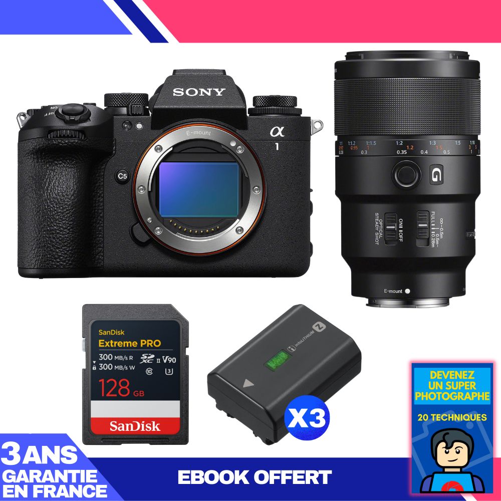Sony Alpha 1 II Camera + FE 90mm f/2.8 Macro G OSS Lens + 1 SanDisk 128GB Extreme PRO UHS-II SDXC Card + 3 Sony NP-FZ100 Batteries + Ebook 'Devenez Un Super Photographe