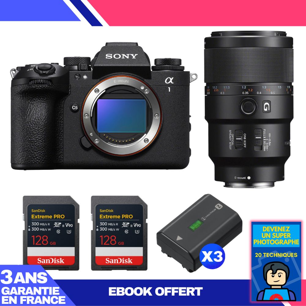 Sony Alpha 1 II Body + FE 90mm f/2.8 Macro G OSS Lens + 2 SanDisk 128GB Extreme PRO UHS-II SDXC Cards + 3 Sony NP-FZ100 Batteries + Ebook 'Devenez Un Super Photographe