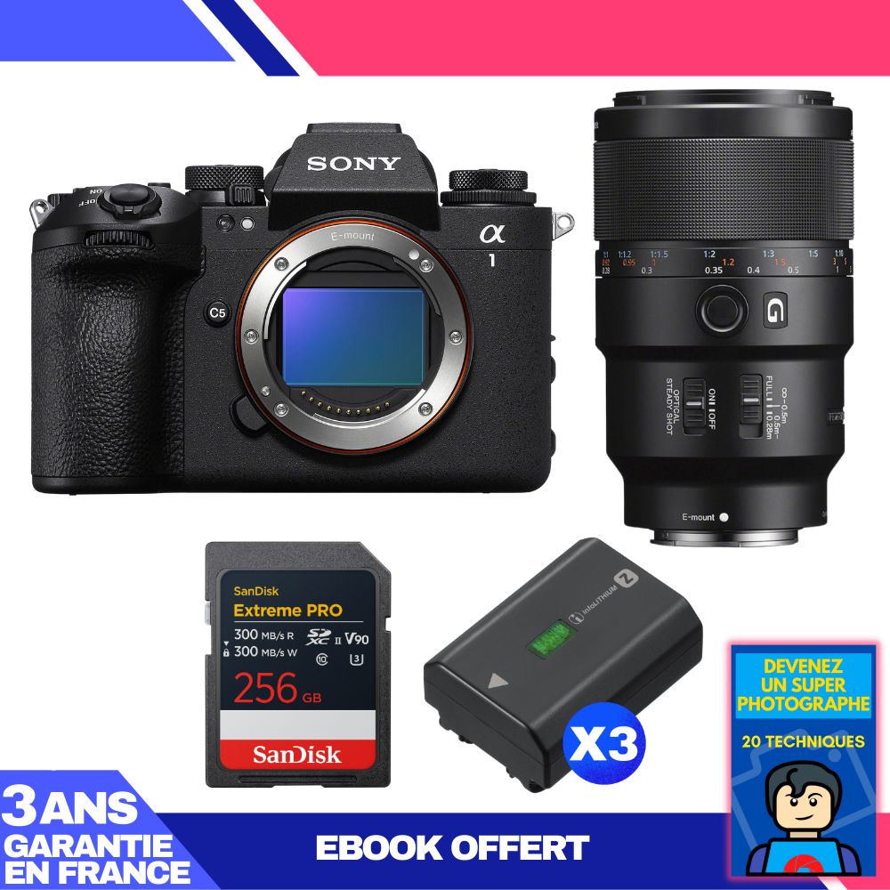 Sony Alpha 1 II Camera Body + FE 90mm f/2.8 Macro G OSS Lens + 1 SanDisk 256GB Extreme PRO UHS-II SDXC Card + 3 Sony NP-FZ100 Batteries + Ebook 'Become a Super Photographer'