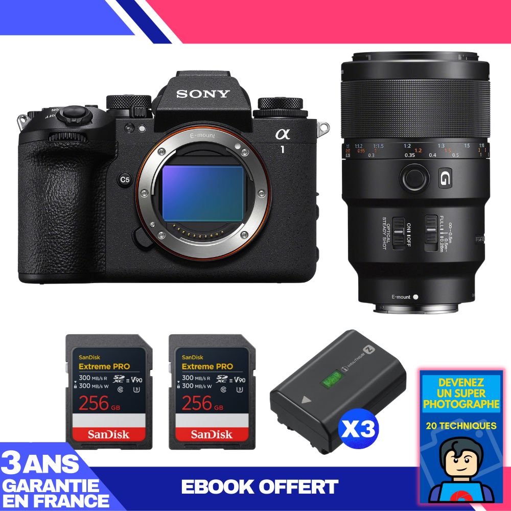 Sony Alpha 1 II Body + FE 90mm f/2.8 Macro G OSS Lens + 2 SanDisk 256GB Extreme PRO UHS-II SDXC Cards + 3 Sony NP-FZ100 Batteries + Ebook 'Become a Super Photographer'