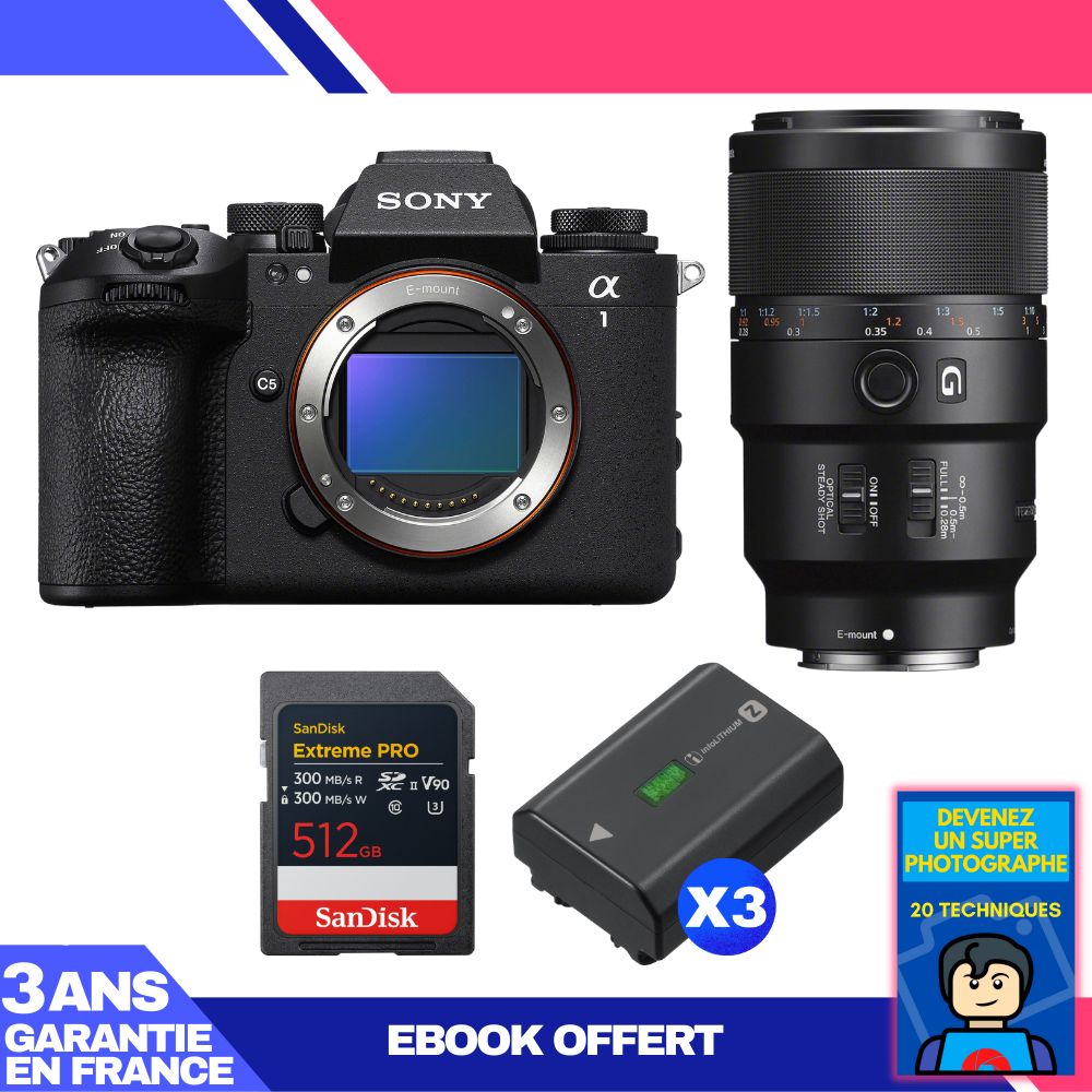Sony Alpha 1 II Body + FE 90mm f/2.8 Macro G OSS Lens + 1 SanDisk 512GB Extreme PRO UHS-II SDXC Card + 3 Sony NP-FZ100 Batteries + Ebook 'Become a Super Photographer'