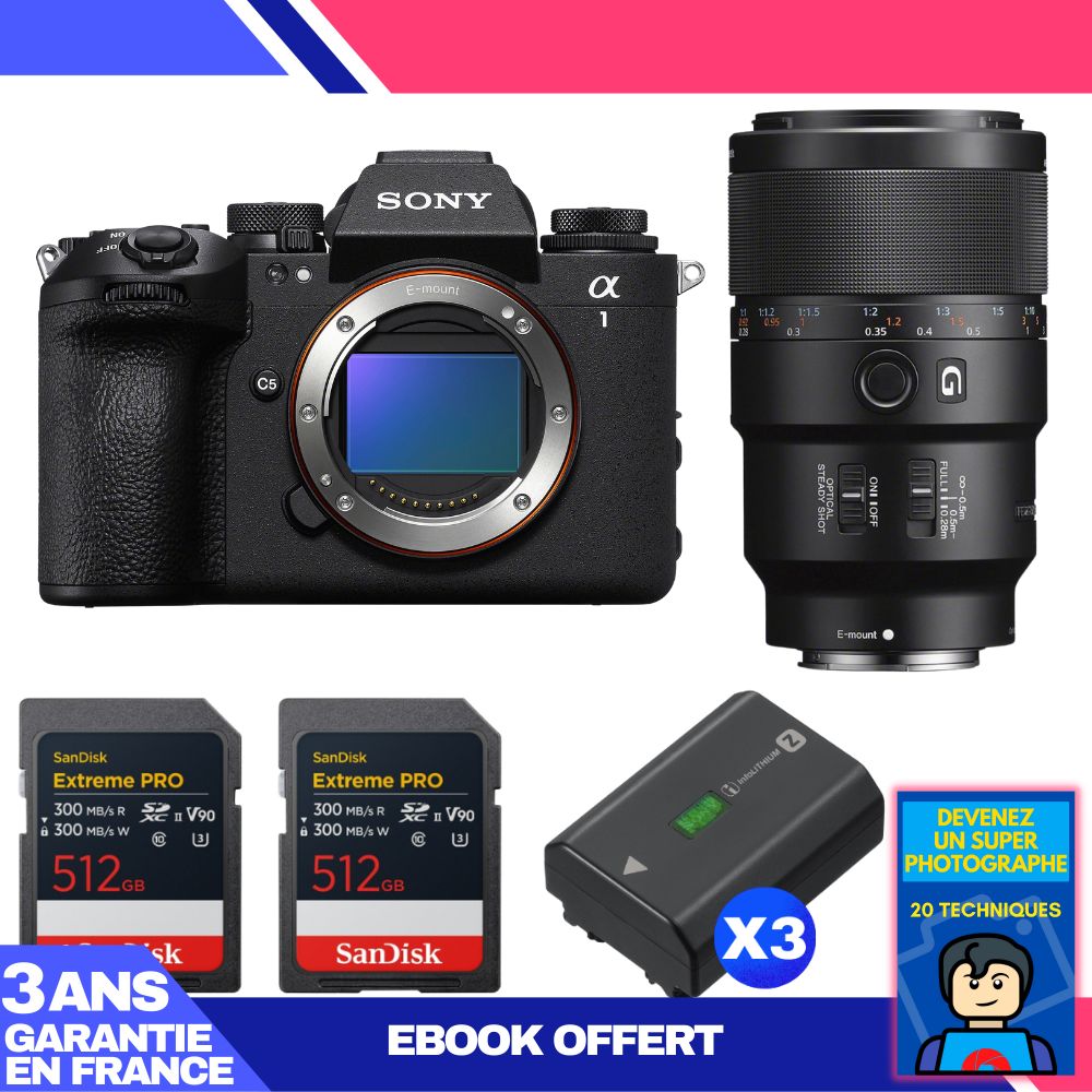 Sony Alpha 1 II Body + FE 90mm f/2.8 Macro G OSS Lens + 2 SanDisk 512GB Extreme PRO UHS-II SDXC Cards + 3 Sony NP-FZ100 Batteries + Ebook 'Become a Super Photographer'