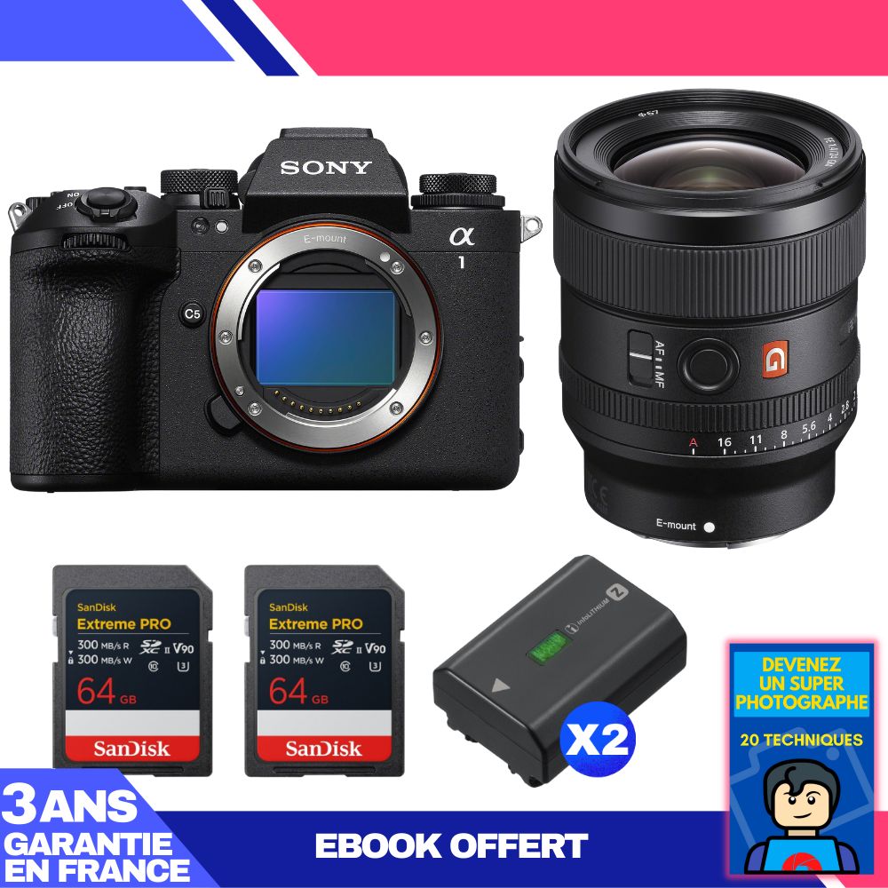 Sony Alpha 1 II Body + FE 24mm f/1.4 GM Lens + 2 SanDisk 64GB Extreme PRO UHS-II SDXC Cards + 2 Sony NP-FZ100 Batteries + 'Become a Super Photographer' Ebook
