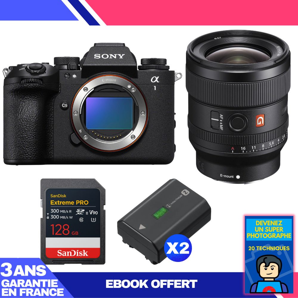 Sony Alpha 1 II Body + FE 24mm f/1.4 GM Lens + 1 SanDisk 128GB Extreme PRO UHS-II SDXC Card + 2 Sony NP-FZ100 Batteries + 'Devenez Un Super Photographe Ebook