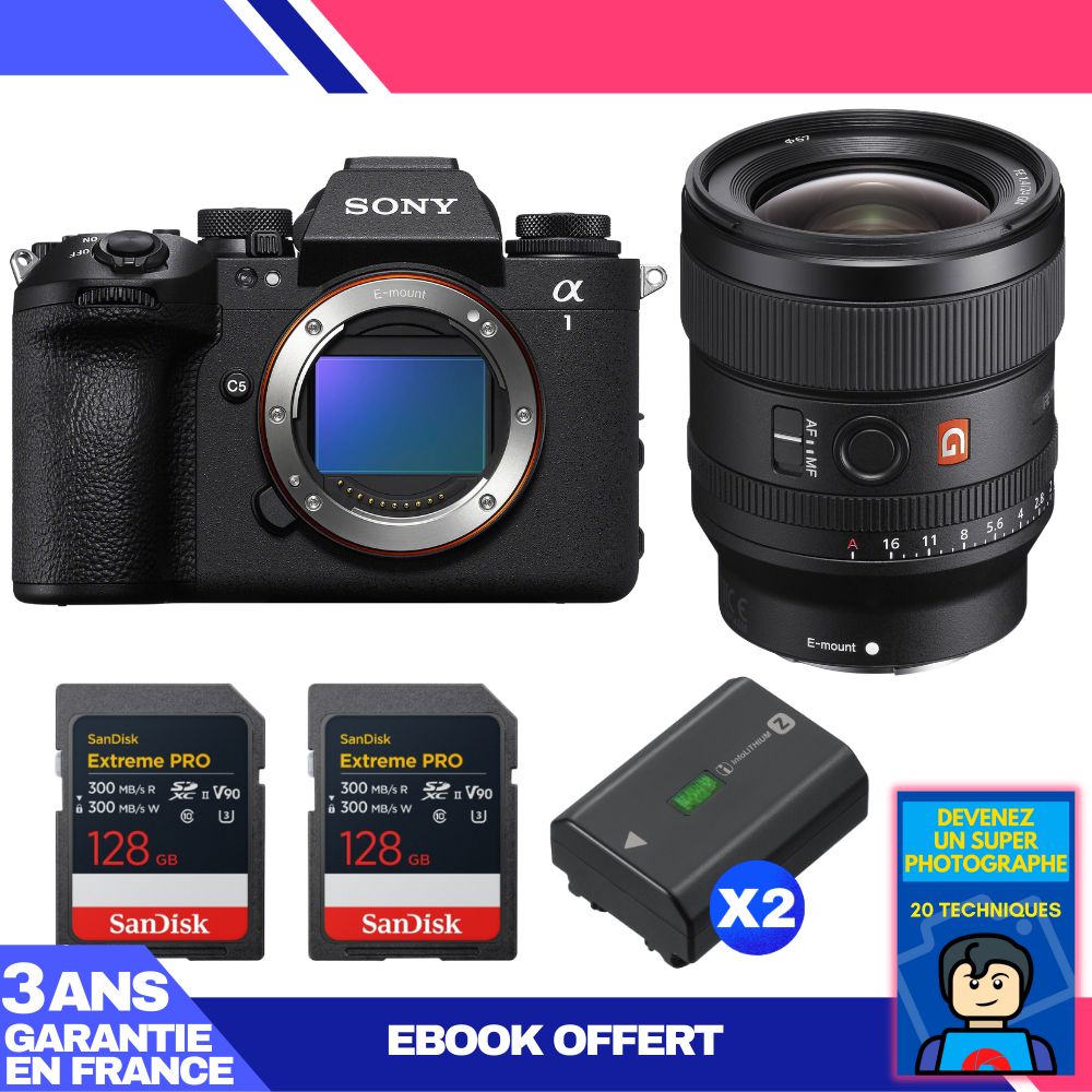 Sony Alpha 1 II Body + FE 24mm f/1.4 GM Lens + 2 SanDisk 128GB Extreme PRO UHS-II SDXC Cards + 2 Sony NP-FZ100 Batteries + Ebook 'Devenez Un Super Photographe
