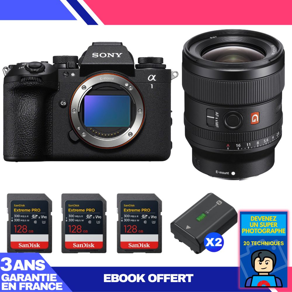 Sony Alpha 1 II Camera Body + FE 24mm f/1.4 GM Lens + 3 SanDisk 128GB Extreme PRO UHS-II SDXC Cards + 2 Sony NP-FZ100 Batteries + 'Devenez Un Super Photographe Ebook