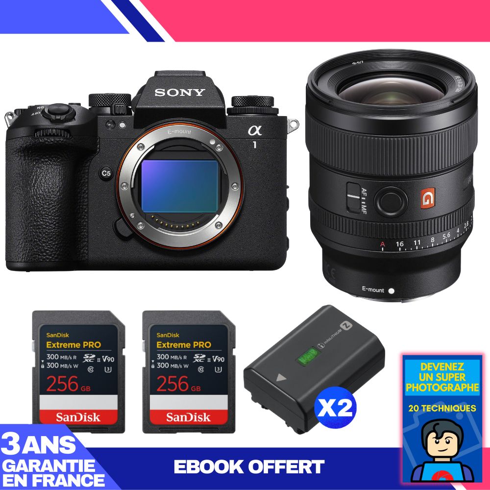 Sony Alpha 1 II Body + FE 24mm f/1.4 GM Lens + 2 SanDisk 256GB Extreme PRO UHS-II SDXC Cards + 2 Sony NP-FZ100 Batteries + 'Devenez Un Super Photographe Ebook