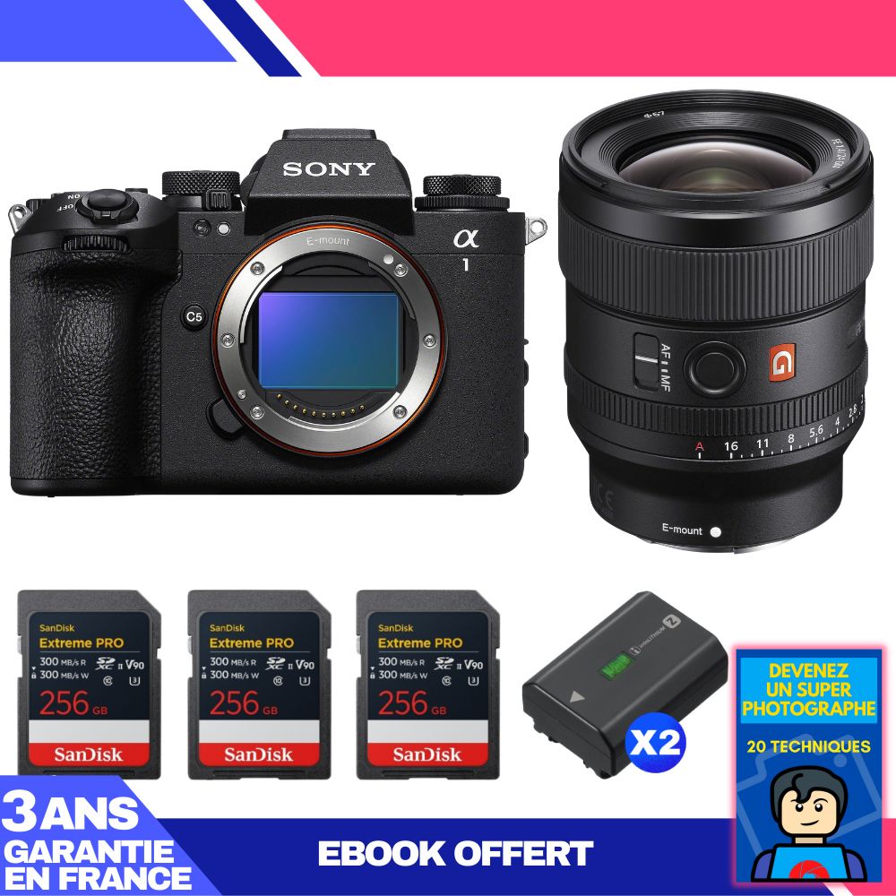 Sony Alpha 1 II Body + FE 24mm f/1.4 GM Lens + 3x SanDisk 256GB Extreme PRO UHS-II SDXC Cards + 2x Sony NP-FZ100 Batteries + Ebook 'Devenez Un Super Photographe